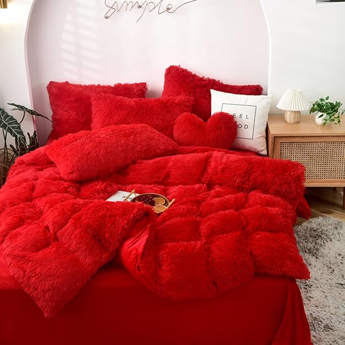 MorroMorn 5 PCS Shaggy Duvet Cover Bedding Set - Long Faux Fur Luxury Ultra Soft (Red, Full/Queen)