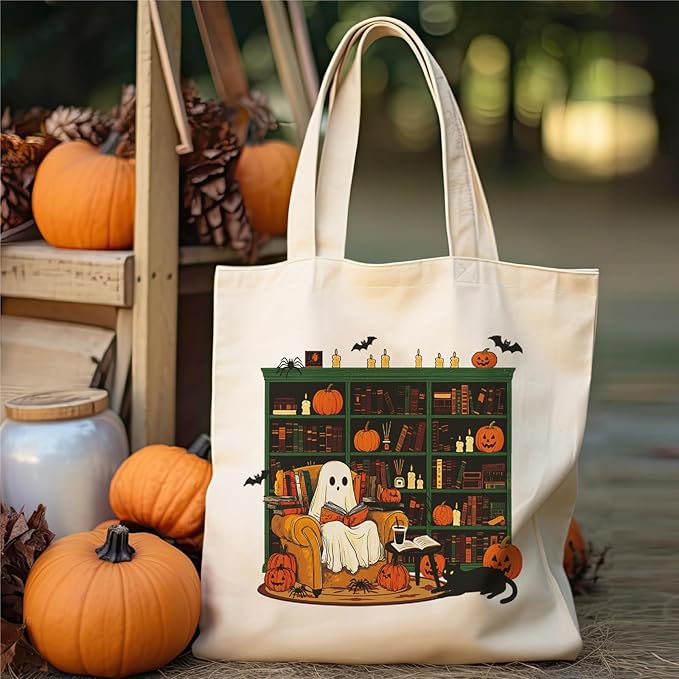 Halloween Canvas Tote Bag Vintage Ghost Canvas Bag Cute Funny Trick Or Treat Reusable Cotton Bag Shopping Tote Handbag For Women Holiday Grocery Beach Handbag With Shoulder
