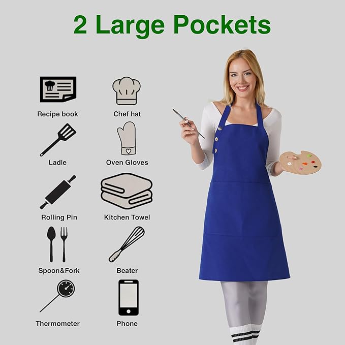 TOSHE Kitchen Apron Waterdrop Resistant Cotton Apron with adjustable Aprons for Women with Pockets 10 Color option Cooking Blue Apron (Navy Blue)