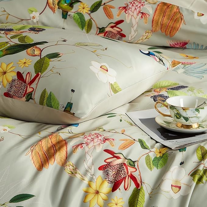 mixinni Garden Style Floral Birds 3 Pieces Duvet Cover King Size Green Leaves Pattern Printed Soft Cotton Comforter Cover with 2 Pillowcases with Zipper Closure for Him and Her-(3pcs, King Size)