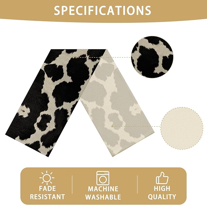 Cow Print Black Table Runner Kitchen Dining Linen Table Decoration for Indoor Outdoor Home Party Dinner 13x72 Inch