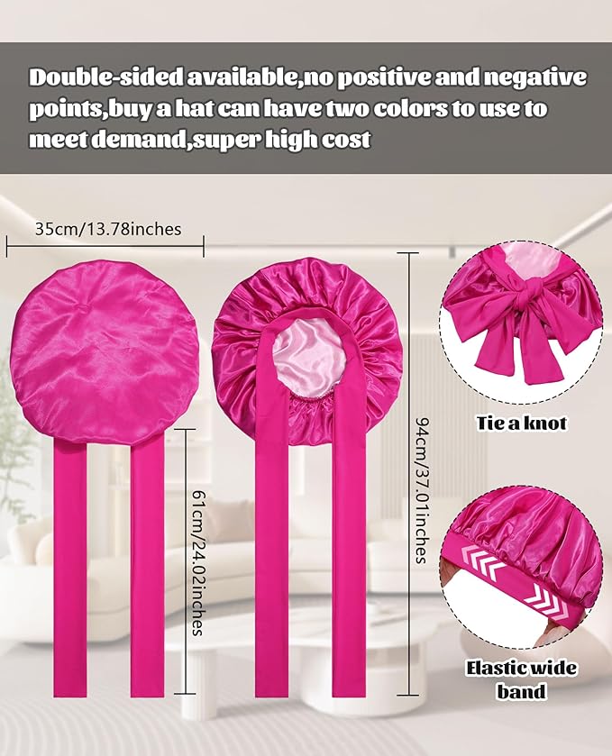 Satin Bonnet Silk Bonnet for Sleeping Silk Sleep Cap Double Layer Hair Bonnet with Elastic Tie Band for Curly Hair Night Cap (Rose red + Skin Powder)