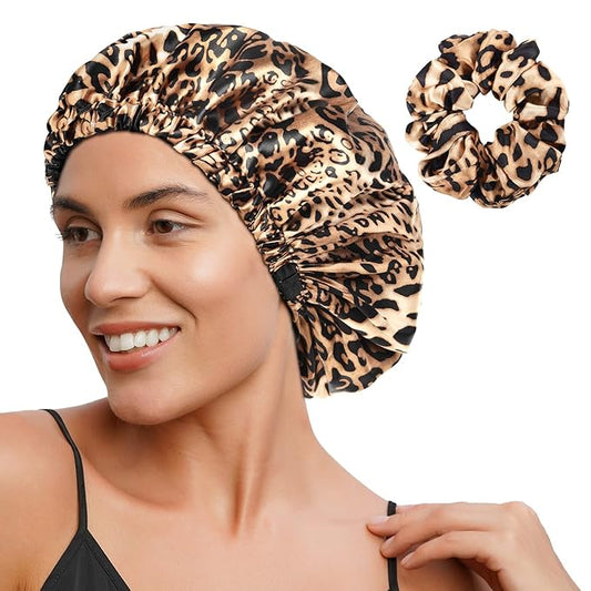 YANIBEST Adjustable Silk Bonnet Double Layer Satin Bonnet Hair Bonnet for Sleeping Bonnets for Women Hats Curly Natural Hair, Bold Cheetah