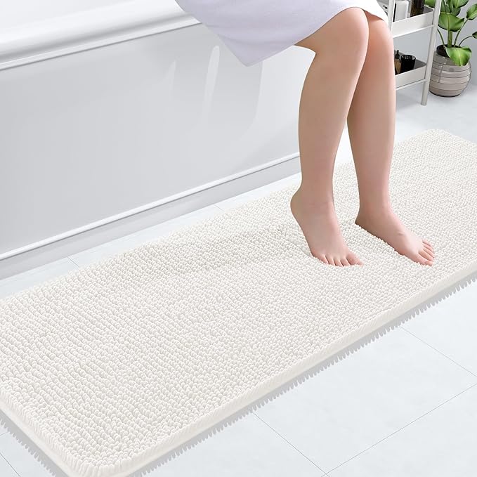 OLANLY Bathroom Rugs 59x20, Extra Soft Absorbent Chenille Bath Rugs, Rubber Backing Quick Dry, Machine Washable Bath Mats for Bathroom Floor, Tub and Shower, Home Decor Accessories, Ivory