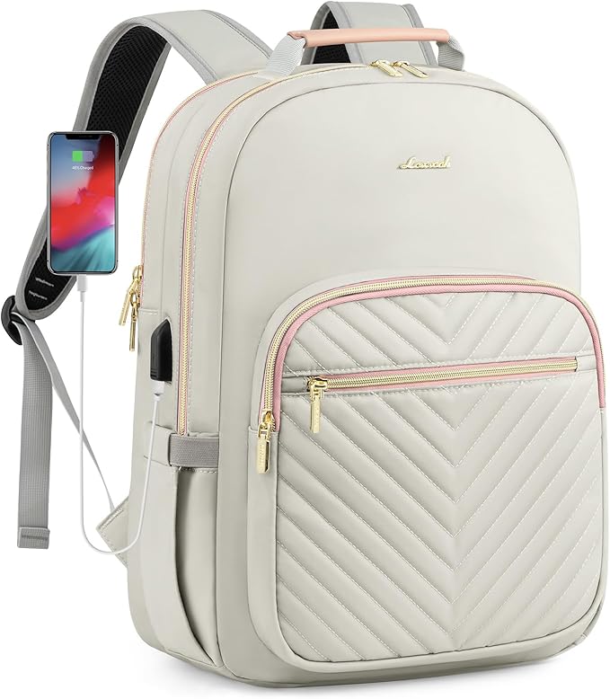 LOVEVOOK Laptop Backpack for Women, Travel Computer Work Bags with 17-inch Laptop Compartment, College School Student Bag Teen Backpacks For Girls, Outdoor Carry On Backpack Purse, Grey Pink
