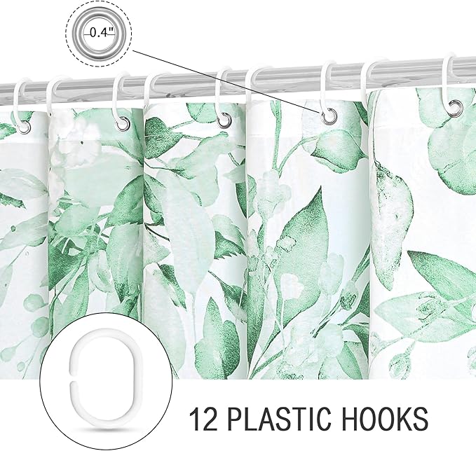 Gibelle Small Stall Shower Curtain 36 x 72, Narrow Half Mint Green Floral Shower Curtain for Bathroom, Watercolor Plant Eucalyptus Leaves Fabric Shower Curtain Set with Hooks