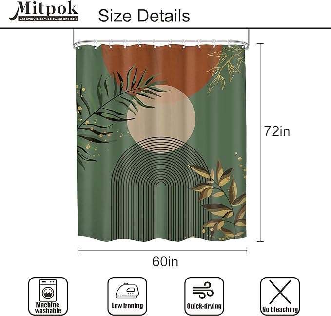 Boho Dark Green Shower Curtain 60Wx72H Abstract Bohemian Mid Century Minimalist Teal Gold Leaf Arch Geometric Plant Neutral Bathroom Decor Botany Bath Curtain Fabric Polyester 12 Pack Hooks