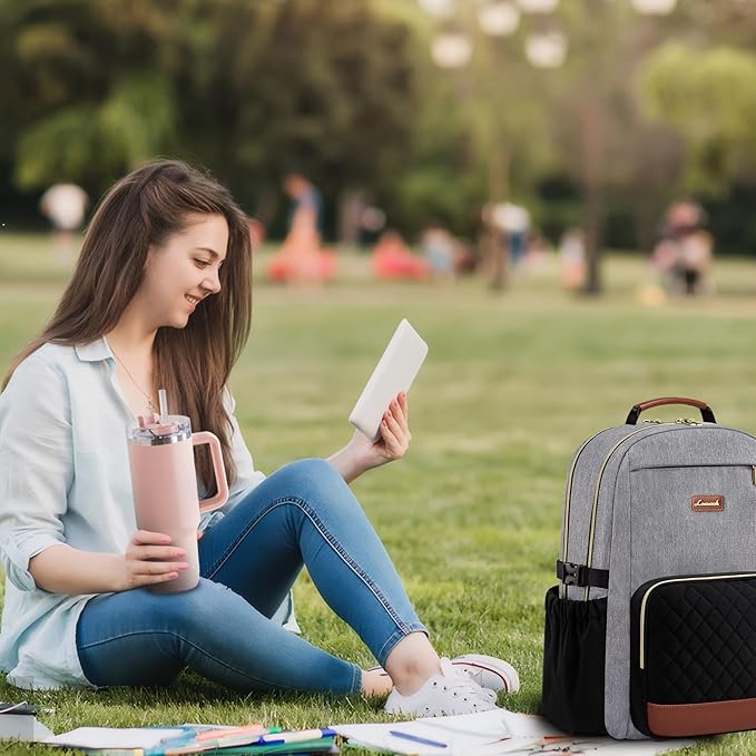 LOVEVOOK Laptop Backpack for Women with Pouch Pocket for Large Capacity Cup,18 Inch Teacher Nurse College Work Travel Backpack Purse,Waterproof Laptop Computer Bags,Grey-Black-Brown+Diamond-shaped