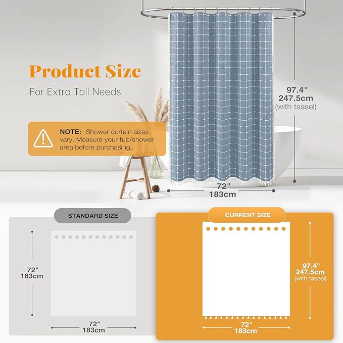 BTTN Extra Long Shower Curtain - 72x96 Inch Long Boho Chic Linen Fabric Heavy Duty Shower Curtain Set with Hooks, Tall Bohemian Farmhouse Shabby Chic Tassel Cloth Shower Curtains for Bathroom - Blue