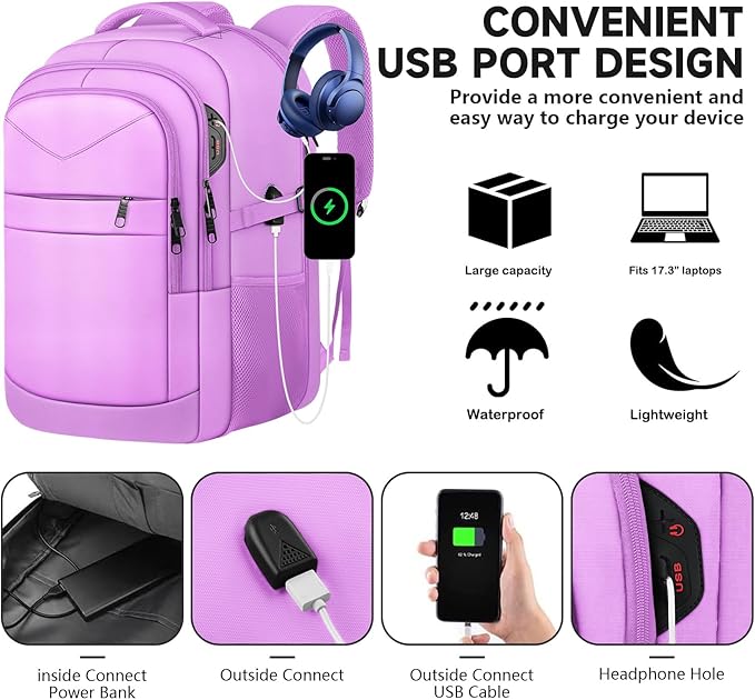 Lapsouno Large Laptop Backpack, Travel Laptop Backpack, 17.3 Inch Carry on Backpack with USB Port, TSA Travel Bag for Women, College School Backpack for Women, Light Purple