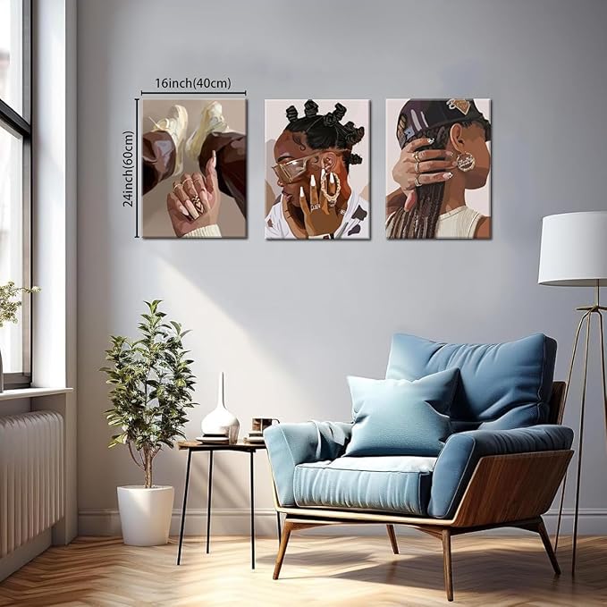 Marllifenney 3Pcs Black Girl Wall Art Framed Trendy Black Woman Decor Posters Abstract African American Canvas Prints Modern Black Women Painting Female Pictures for Bedroom Living Room Dorm 16x24in