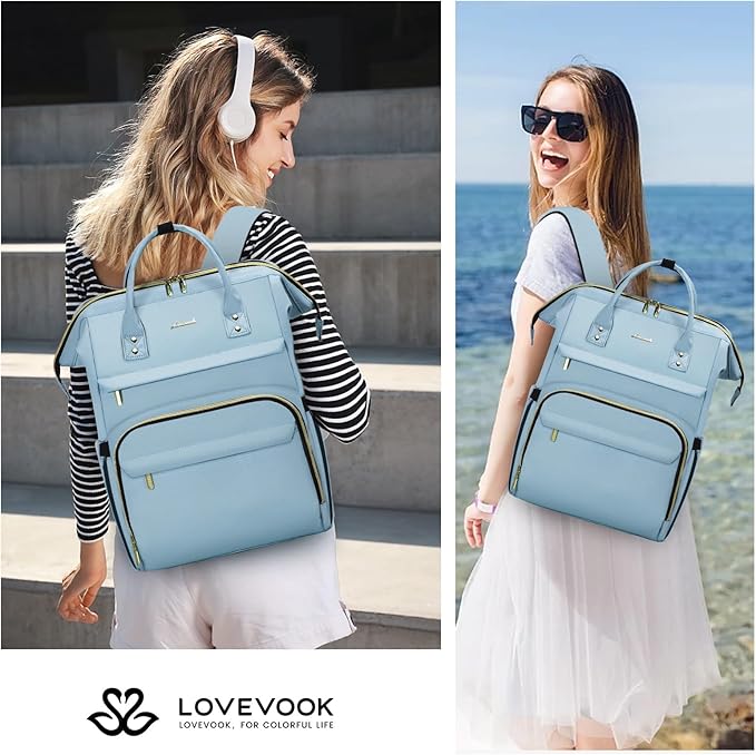 LOVEVOOK Laptop Backpack for Women,15.6 Inch Professional Womens Travel Backpack Purse Computer Laptop Bag Nurse Teacher Backpack,Waterproof College Work Bags Carry on Back Pack with USB Port,Sky Blue