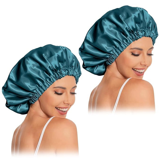 Satin Bonnet Silk Bonnet Hair Bonnet for Sleeping-Slouchy Beanie Hat Satin Sleep Cap for Women's Natural & Curly Hair(2Pcs Blue Zircon)