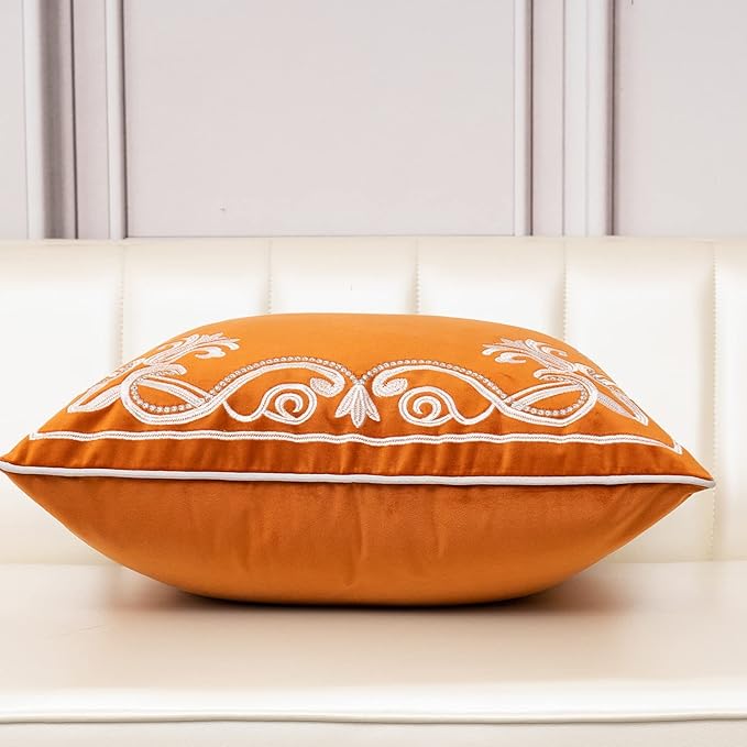 Aeckself European Floral Pillow Cover 20x20 Inch, Luxury Velvet Embroidered Decorative Throw Pillow Cover for Couch Bedroom Living Room, Burnt Orange and White