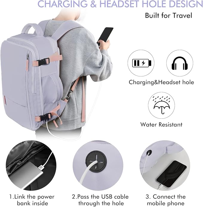 Beraliy Travel Backpack for Women, Airline Approved Backpack, Carry On Backpack,17.3 Inch Laptop Backpack,Personal Item Bag for College Weekender Business Hiking, Purple