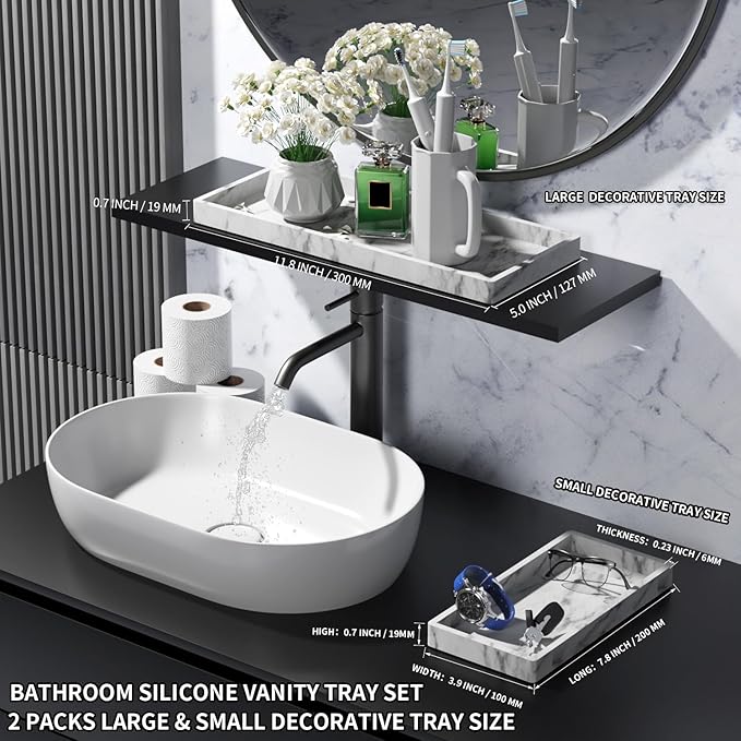 BBK Bathroom Vanity Tray - 2 Pack (7.8" and 11.8") Silicone Bathroom Trays for Counter, Perfume Key Trinket Ring Tray, Decor Soap Dispenser Countertop Tray for Kitchen Sink Organization (Marble Gray)
