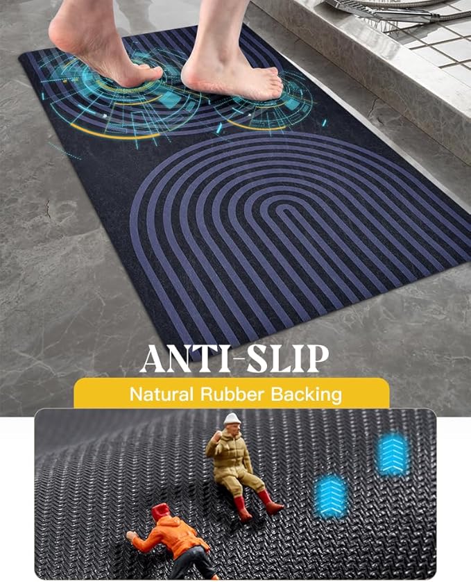 MontVoo -Bath Mat-Non Slip Thin Bathroom Rugs Fit Under Door- Quick Dry Absorbent Faux Suede Surface Grey Bathroom Floor Mats-Shower Rug for in Front of Bathtub Shower Blue Arched 16x24