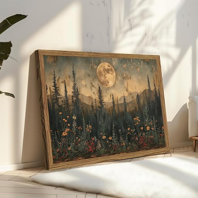 Vintage Moon Forest Wall Art, 3D Textured Nature Landscape Wall Decor Paintings, Hand Drawn Sandstone Woodland Wildflower Picture Prints Artwork for Bedroom Living Room 16x24 inch Wood Framed