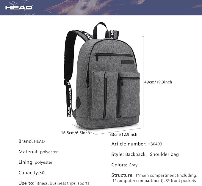 HEAD 30L Laptop Backpack for Men, Lightweight Work Backpacks Fits 15.6 inch Notebook, Waterproof Casual Daypack for Business/College/Travel/Daily, Gray