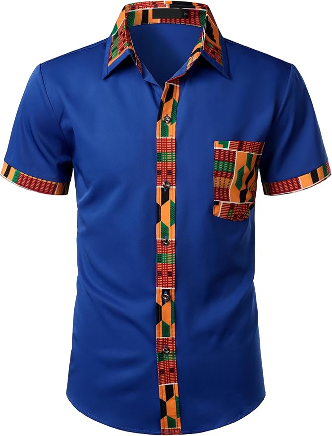 ZEROYAA Men's African Printed Patchwork Design Short Sleeve Button up Shirt