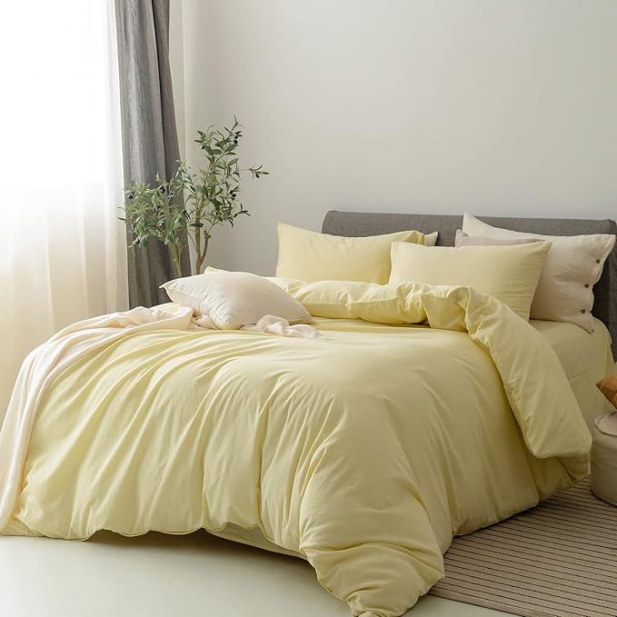 FOSSA Duvet Cover Set 100% Washed Cotton Linen Feel Super Soft Breathable Cozy 3 Pieces Bedding Sets Solid Pastel Yellow Super Queen