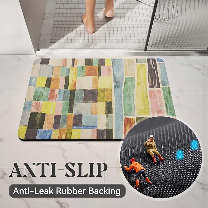 MontVoo -Bath Mat-Non Slip Thin Bathroom Rugs Fit Under Door- Quick Dry Absorbent Faux Suede Surface Grey Bathroom Floor Mats-Shower Rug for in Front of Bathtub Shower Colorful Plaid 16x24