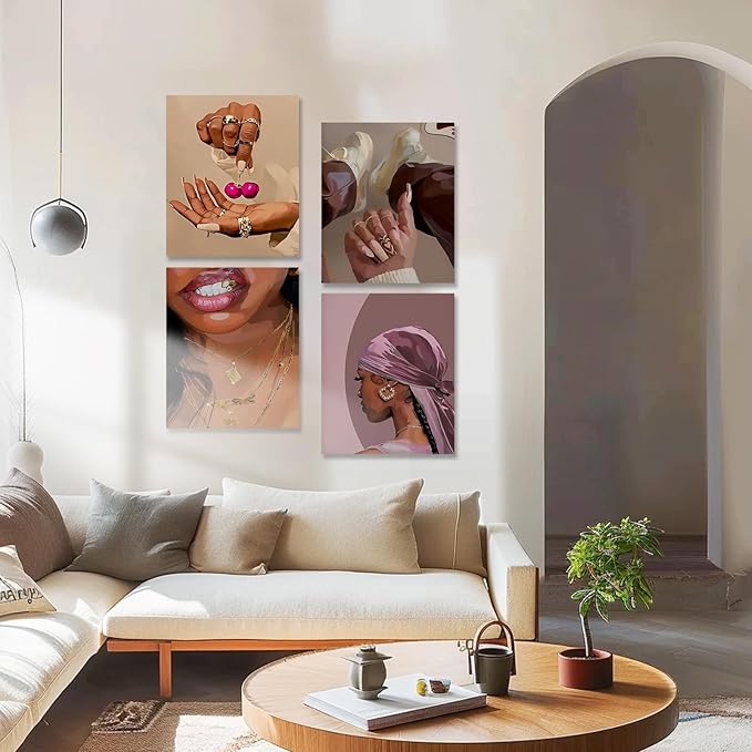 4 PCS Fashion Black Woman Aesthetic Poster Set Empowering Trendy Wall Art Abstract Black Girl Painting Magic Canvas Picture Prints for Bedroom Living Room Beauty Salon Office Decor 16x24 Inch Unframed