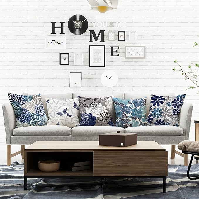 COMMINY Blue Grey Pillow Covers 18x18 Set of 6 Decorative Daisy Flower Throw Pillow Cover for Couch Modern Pillow Case for Patio Living Room Cushion Bed Farmhouse Home Decor