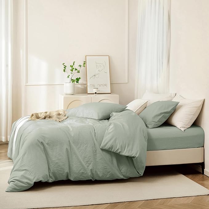 JIYUAN 100% Washed Cotton Duvet Cover Set 3 Pieces Cal King, 1 Duvet Cover 104x98 Inches(Comforter Not Included) and 2 Pillowcases,Linen Feel Bedding Set Comfy and Breathable, Heathered Sage Green