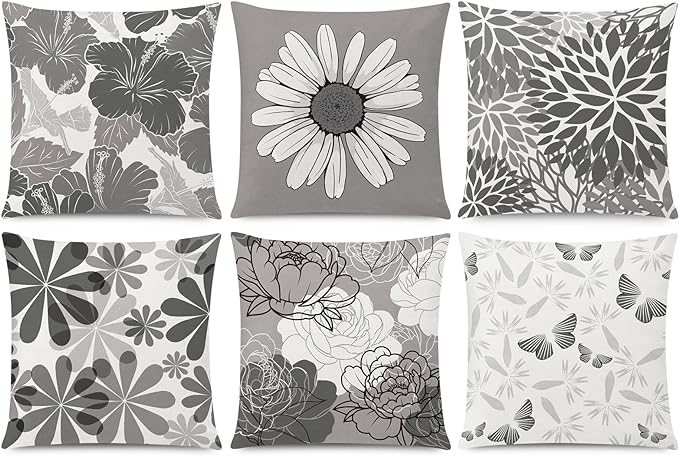 COMMINY Grey Pillow Covers 18x18 Set of 6 Decorative Daisy Flower Throw Pillow Cover for Couch Modern Cushion Cover for Patio Living Room Cushion Bed Farmhouse Home Decor
