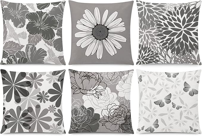 Grey Pillow Cover 16x16 Set of 6 Daisy Dhalia Throw Pillow Covers Square Cushion Covers for Couch Sofa Living Room Home Decor