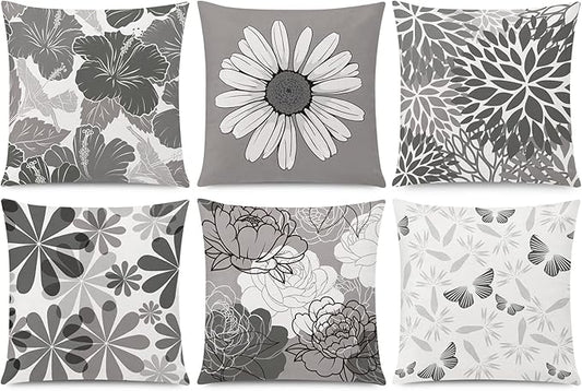 Grey Pillow Cover 16x16 Set of 6 Daisy Dhalia Throw Pillow Covers Square Cushion Covers for Couch Sofa Living Room Home Decor