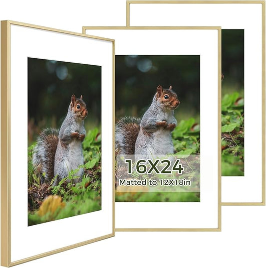 Golden State Art 16x24 Picture Frame 3 Pack - Aluminum Frames with 12x18 Removable Mats & Real Glass, Display 16x24 Posters or 12x18 Photos - Gold Gallery Wall Frames for Home Office Decor