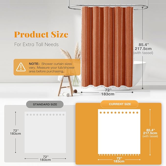 BTTN Extra Long Shower Curtain, 72x84 Inch Long Boho Tassel Linen Fabric Shower Curtain Set with Plastic Hook, Large Modern Farmhouse Country Decorative Cloth Shower Curtain for Bathroom, Burnt Orange