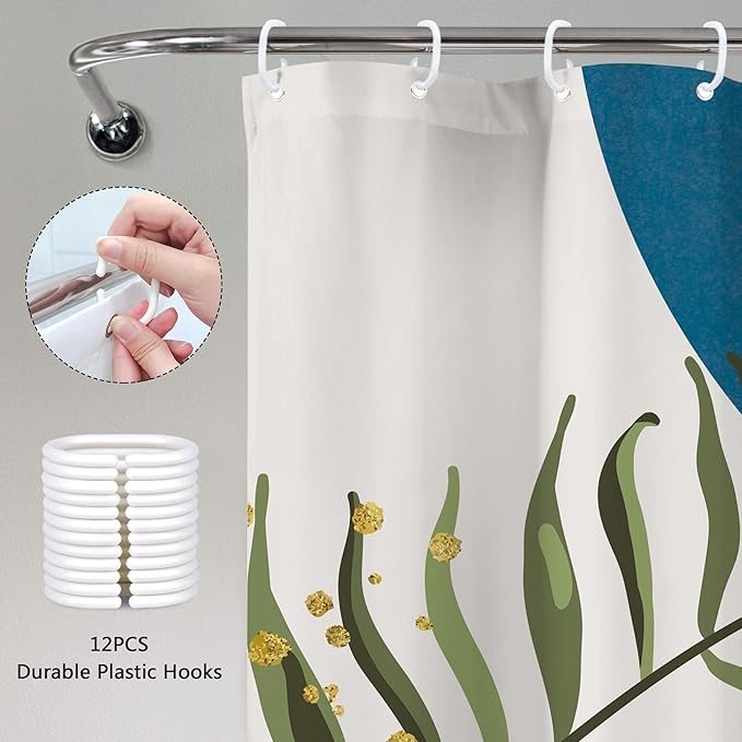 Blue Boho Modern Shower Curtain 72Wx72H Mid Century Abstract Gold Green Leaves Sun Arch Minimalist Geometric Aesthetic Plant Bathroom Decor Neutral Bath Curtain Fabric Polyester 12 Pack Hooks