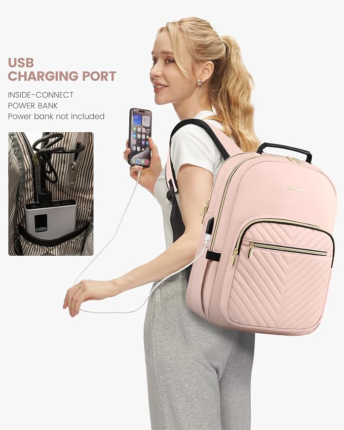 LOVEVOOK Laptop Backpack Purse for Women, Large Capacity Travel Business Computer Work Bag, Quilted Casual Nurse Backpack for Womens, Fit 15.6 Inch Laptop with USB Port, Nude
