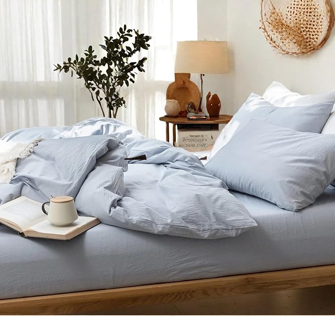 FOSSA Duvet Cover Set 100% Washed Cotton Linen Feel Super Soft Breathable Cozy 3 Pieces Bedding Sets Solid Sky Blue King