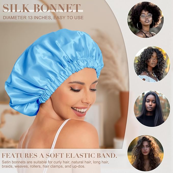 Satin Bonnet Silk Bonnet Hair Bonnet for Sleeping-Slouchy Beanie Hat Satin Sleep Cap for Women's Natural & Curly Hair(Lake Blue)