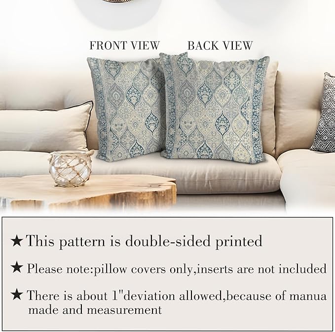 Boho Floral Throw Pillow Covers 16x16 inch Set of 2,Blue Boho Rug Geometric Floral Pattern Decor Double Sided Pattern Cushion Cover Soft Pillow Case Living Sofa Room Bed Square Pillow Cover