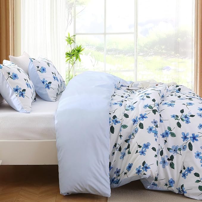 Duvet Cover King Size, Reversible Floral Vintage Duvet Cover Set with Zipper Closure, 3 Pieces Botanical Patterns Soft Microfiber Bedding Set (90"x104", 2 Pillow Cases 20"×36", Large Blue Flower)