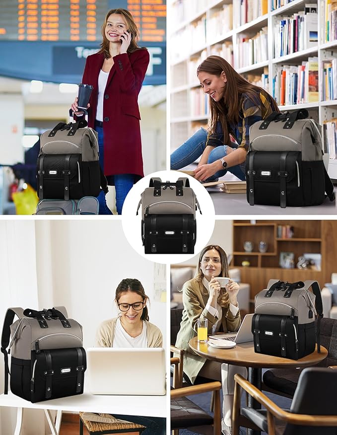 FALANKO Women Laptop Backpack, Doctor Nurse Teacher Work Adult Backpack for 15.6 Inch Laptop with RFID Anti-theft USB Charging Port College Business Computer Bookbag Grey Black