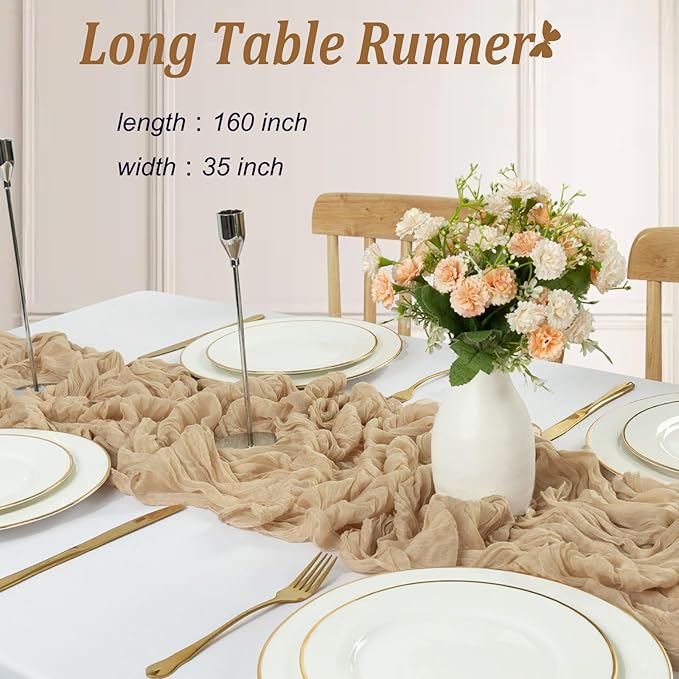 13.3FT Long Sand Cheesecloth Table Runner Boho Table Runner Transparent Rustic Gauze Wedding Dining Table Decorations for Birthday Party Holiday Baby Shower Event Decorations