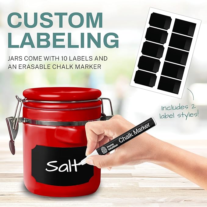 Home Intuition Smell Proof 4-Piece Ceramic Kitchen Canisters Set, Airtight Containers with Wooden Spoons Reusable Chalk Labels and Marker for Sugar, Coffee, Flour, Tea (Red)