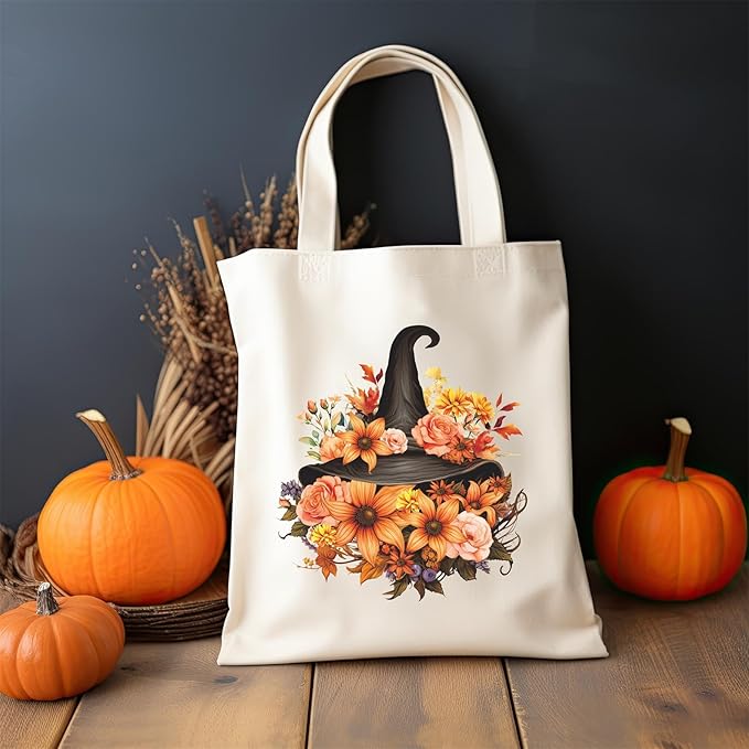 Halloween Tote Bag Retro Halloween Canvas Bag Witch Hat Cotton Canvas Tote Bag for Women Gift Holiday Reusable Grocery Bag Shoulder Bag
