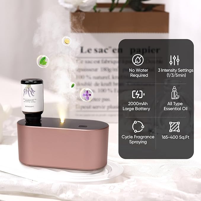 Waterless Diffuser for Essential Oil, Battery Operated Scent Air Aromatherapy Diffuser, Mini Aroma Diffusers with 3 Intermittent Mist Modes, Cycle Start for Home Office Bedroom - Rose Gold