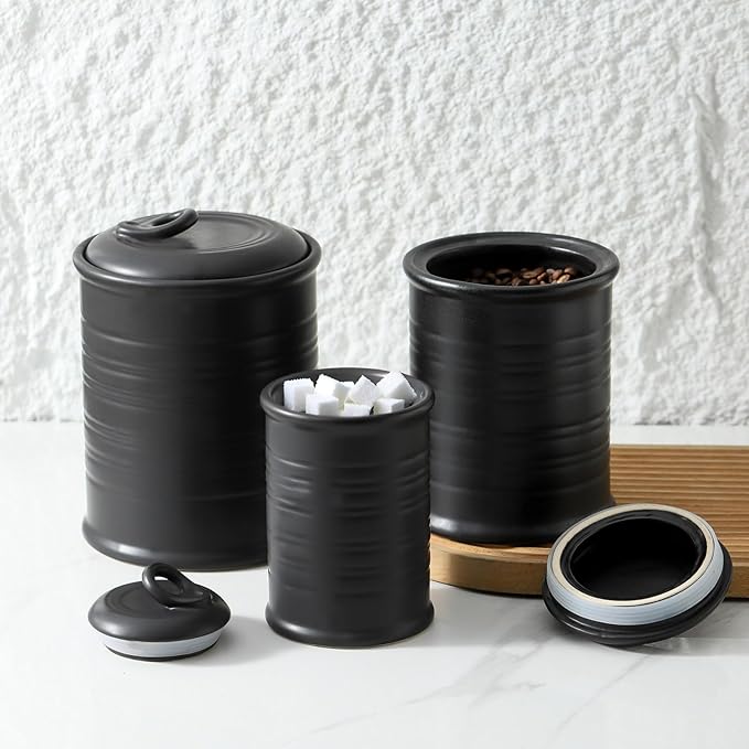 Nihow Food Storage Jar Sets: Ceramic Container with Air Tight Lid for Flour/Sugar/Rice/Coffee/Cookies/Candy - Seal Damp-proof Canister for The Kitchen - Set of 3 （Matte Black）
