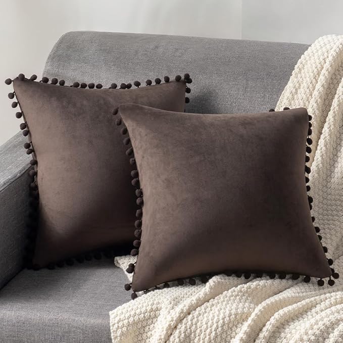 DEZENE Decorative Pillow Cases 24x24 Brown: 2 Pack Cozy Soft Pom-poms Velvet Square Throw Pillow Covers for Farmhouse Home Decor