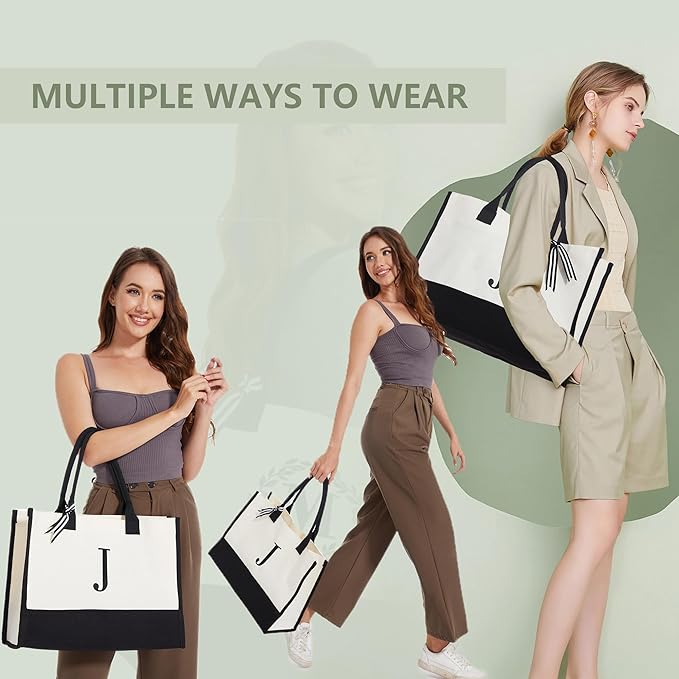 BeeGreen Embroidery Monogram Initial Tote Bag for Women Teacher Mom Friend Personalized Gift for Birthday Beach Work Wedding