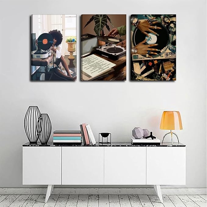 Framed Black Girl Canvas Wall Art 3Pcs black Girl Record Music Wall Decor Pictures Funky Black Girl Posters prints for Modern Black Woman Bedroom Home Decoration 12x16in