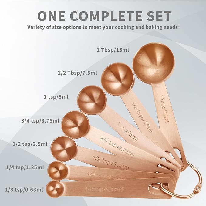 Measuring Spoons,SUS304 Stainless Steel Measuring Cups Set of 7 Piece: 1Tbsp,1/2Tbsp,1tsp,3/4tsp,1/2tsp,1/4tsp,1/8tsp Teaspoon Coffee Scoop Tablespoon for Dry and Liquid Ingredients,Rose Gold